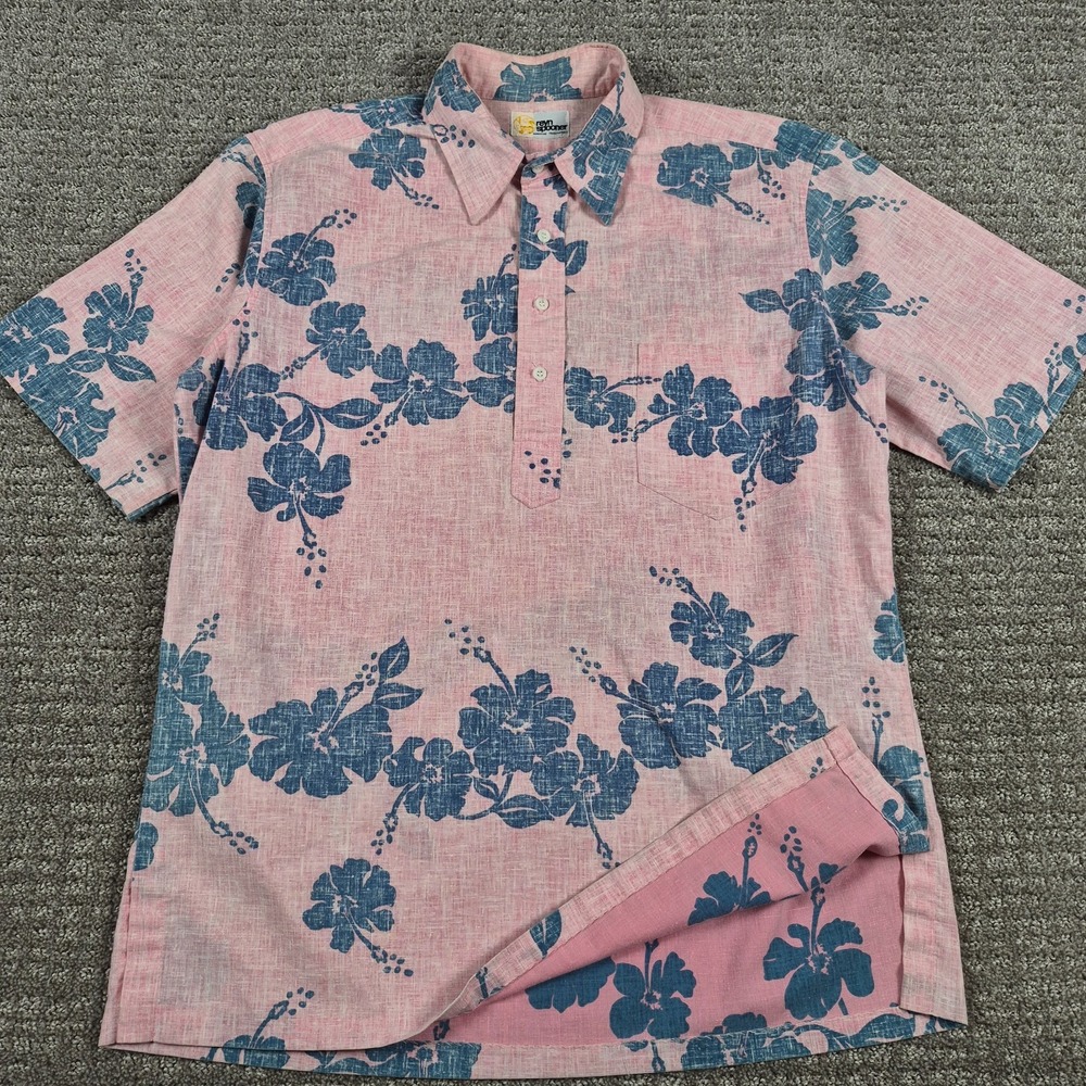 Vintage Reyn Spooner Shirt Mens M Pink Hibiscus Popover Reverse Print Gold Label